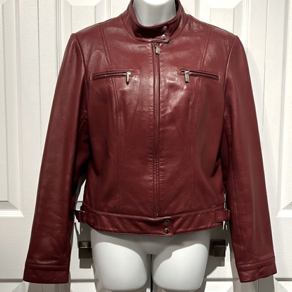 Hugo Buscati Maroon Leather Moto Biker‎ Jacket Size S
